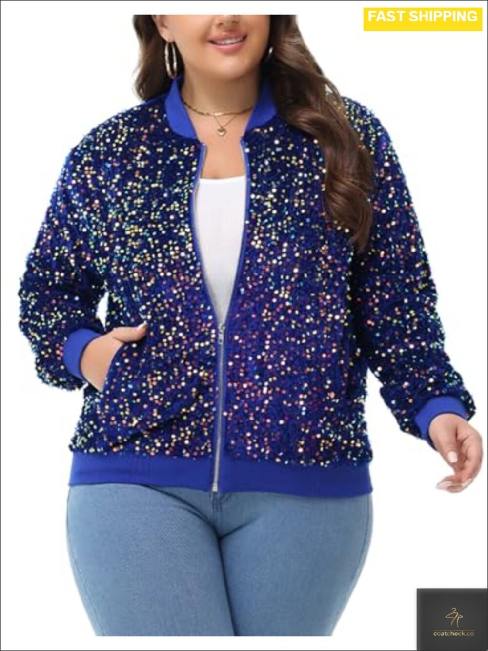 Plus Size Sequin Bomber Jacket Zip Sparkly Party Coat